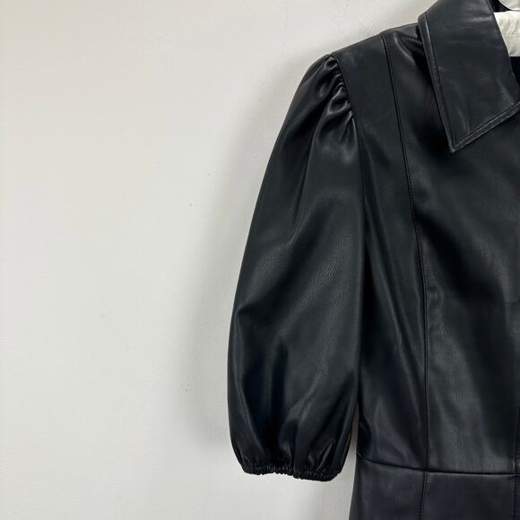 Lime Faux Leather Mini Dress Black Minimalist A Line Puff Sleeve Collared XS - Picture 5 of 8